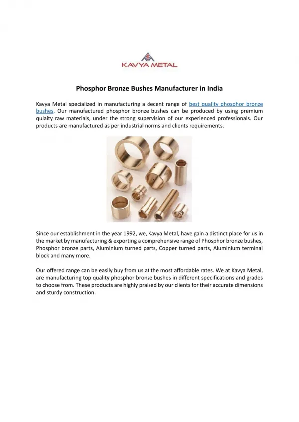 Phosphor Bronze Bushes Manufacturer in India