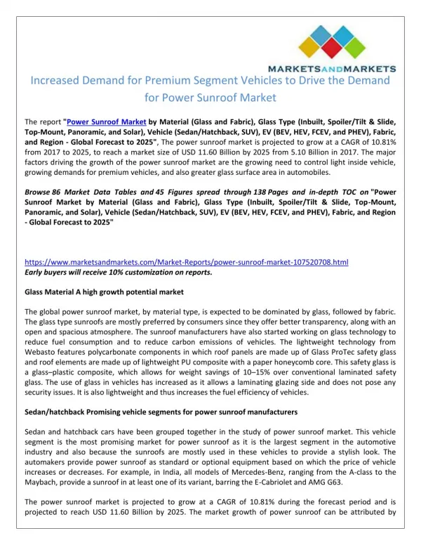 ncreased Demand for Premium Segment Vehicles to Drive the Demand for Power Sunroof Market