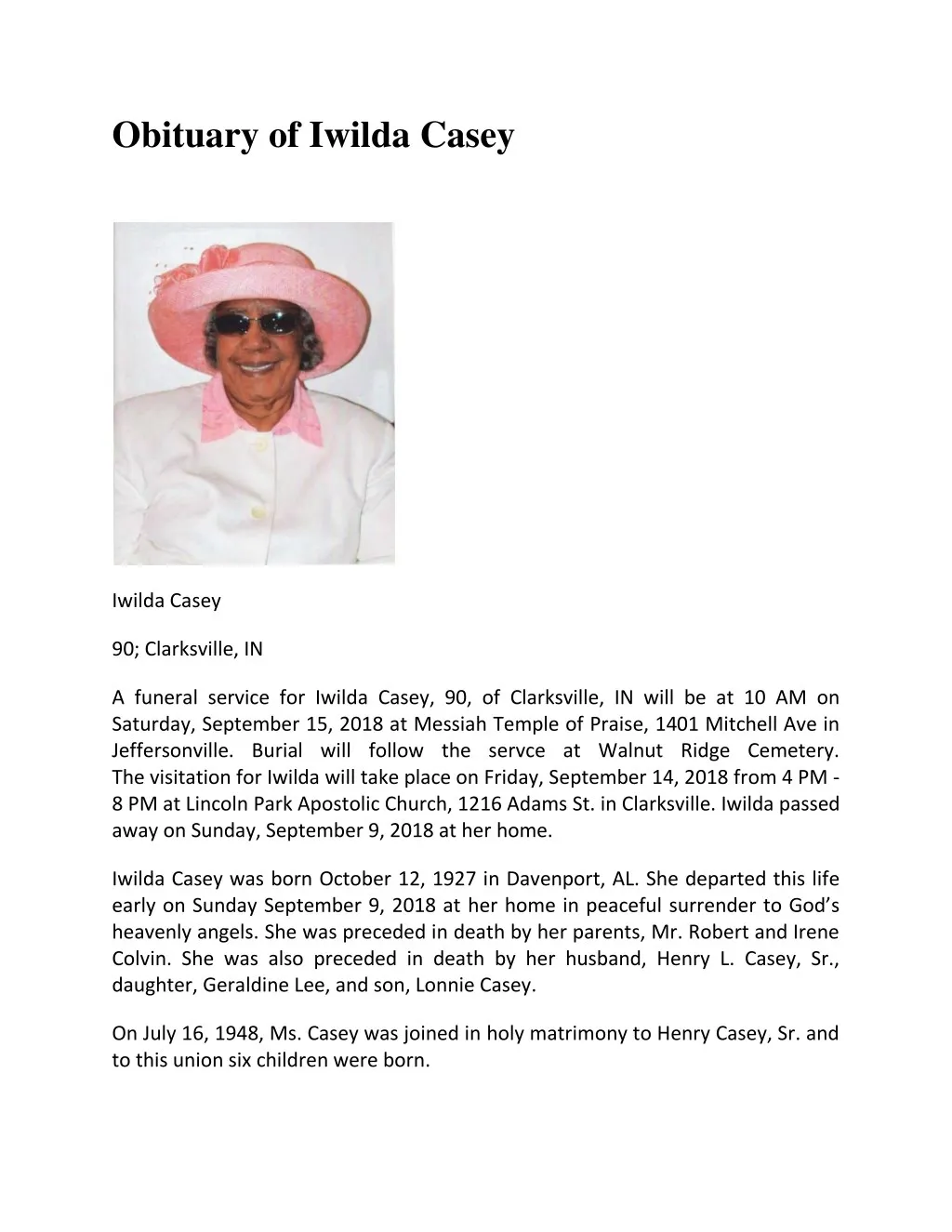 obituary of iwilda casey