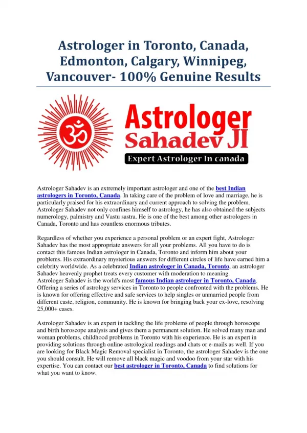 Astrologer in Toronto, Canada, Edmonton, Calgary, Winnipeg, Vancouver- 100% Genuine Results