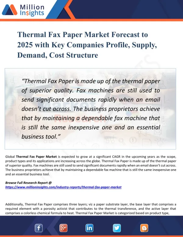 Thermal Fax Paper Market Top Manufacturers, Growth, Trends, Competitive Landscape, Price and Forecasts to 2025