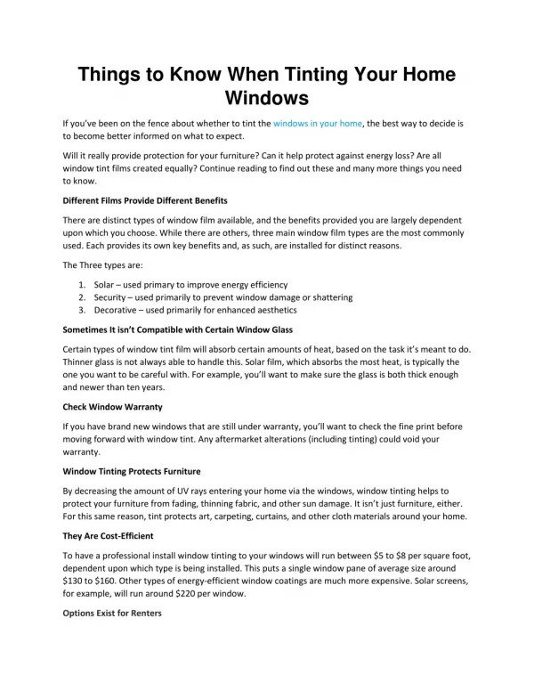 Things to Know When Tinting Your Home Windows