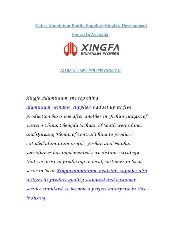 China Aluminium Profile Supplier--Xingfa's Development Project In Australia