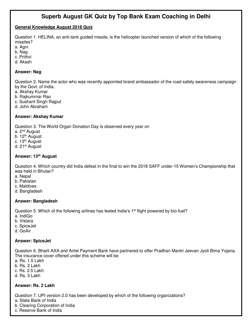 superb august gk quiz by top bank exam coaching