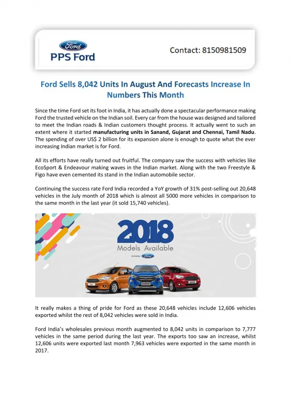 Ford Sells 8,042 Units In August And Forecasts Increase In Numbers This Month
