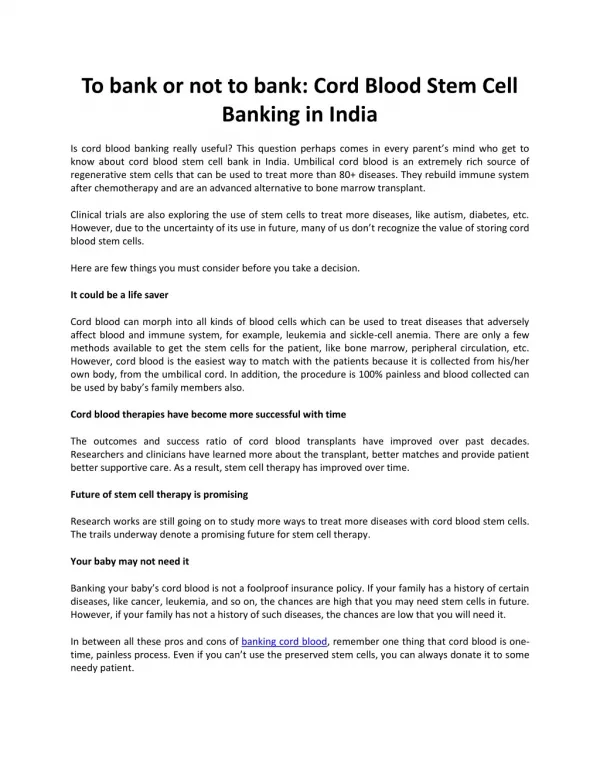 To bank or not to bank: Cord Blood Stem Cell Banking in India