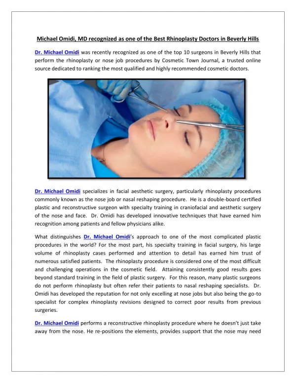 Michael Omidi, MD recognized as one of the Best Rhinoplasty Doctors in Beverly Hills
