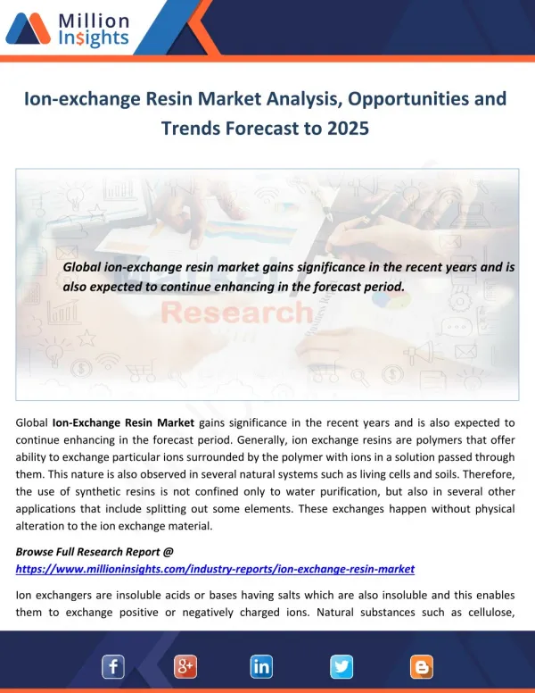 Ion-exchange Resin Market Analysis, Opportunities and Trends Forecast to 2025