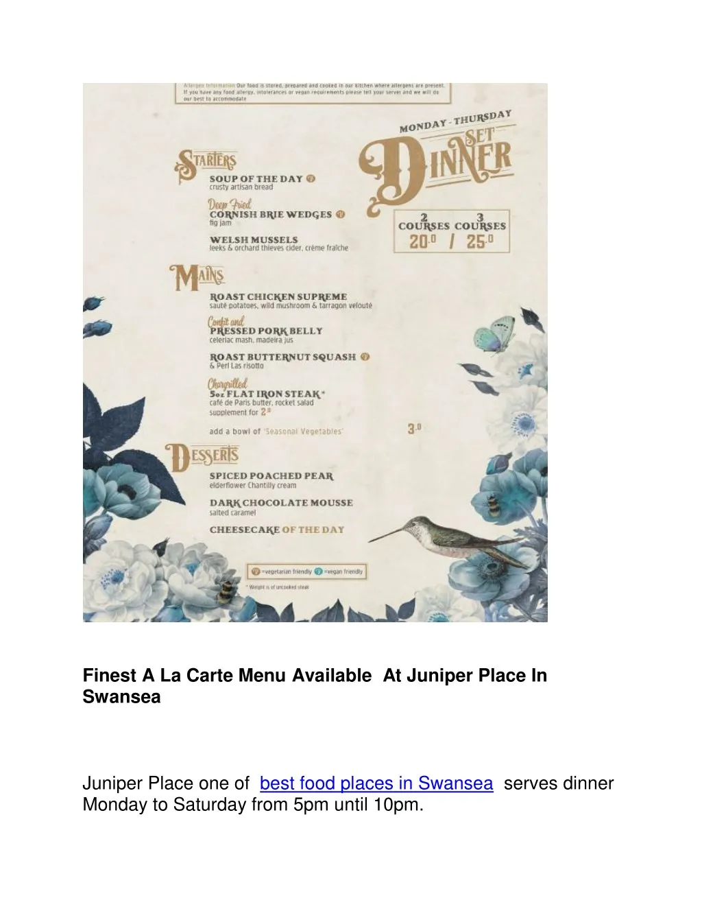 finest a la carte menu available at juniper place