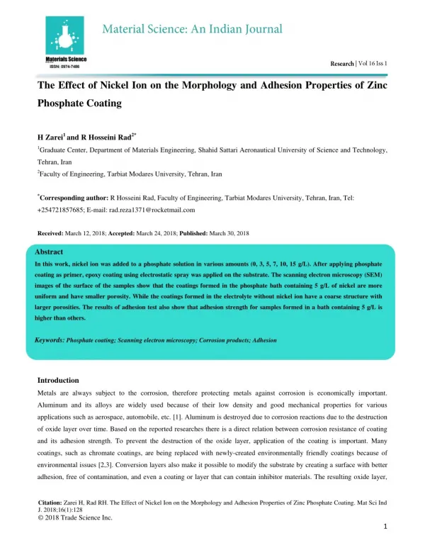 The Effect of Nickel Ion on the Morphology and Adhesion Properties of Zinc Phosphate Coating