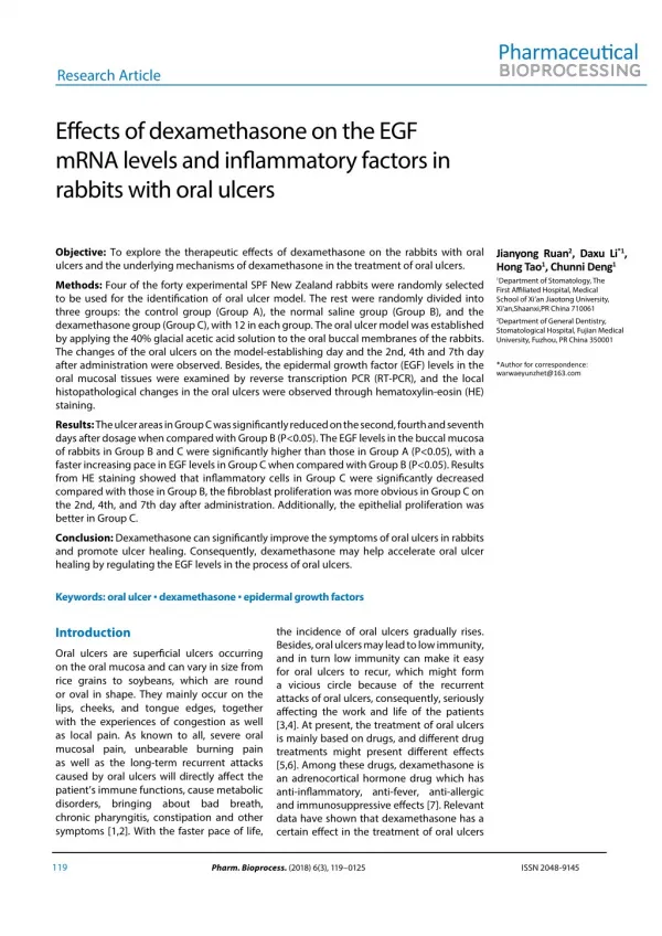 Effects of dexamethasone on the EGF mRNA levels and inflammatory factors in rabbits with oral ulcers