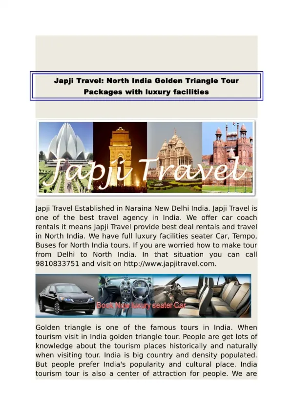 Japji Travel North India Golden Triangle Tour Packages with luxury facilities