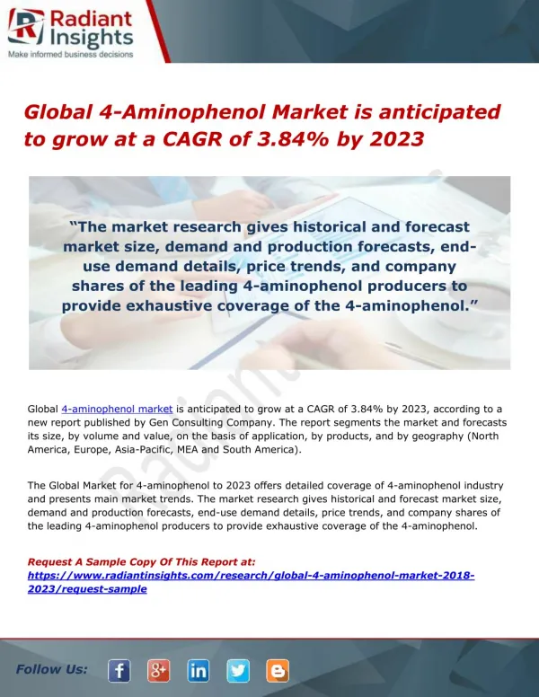 Global 4-Aminophenol Market is anticipated to grow at a CAGR of 3.84% by 2023