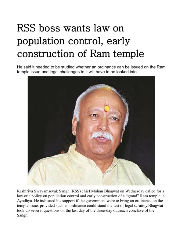RSS boss wants law on population control, early construction of Ram temple
