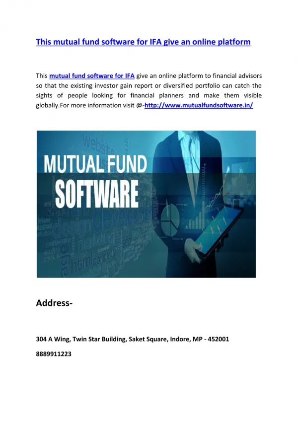 This mutual fund software for IFA give an online platform