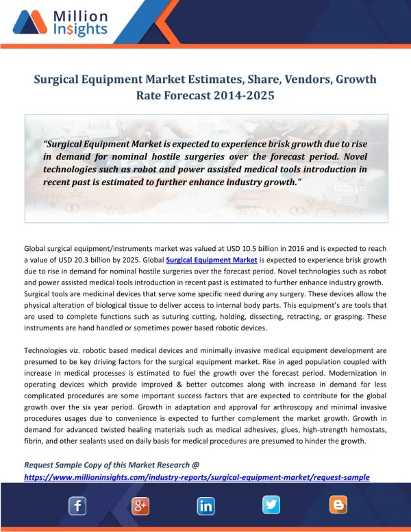 Surgical Equipment Market Estimates, Share, Vendors, Growth Rate Forecast 2014-2025