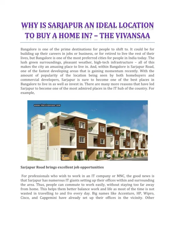 Why Is Sarjapur An Ideal Location To Buy A Home In? - The Vivansaa