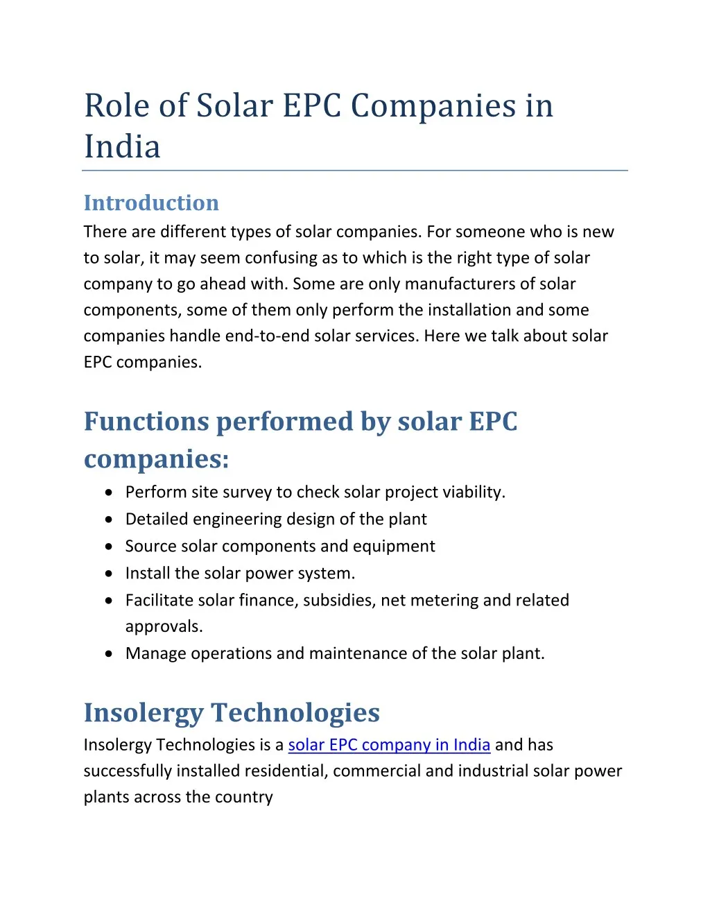 role of solar epc companies in india