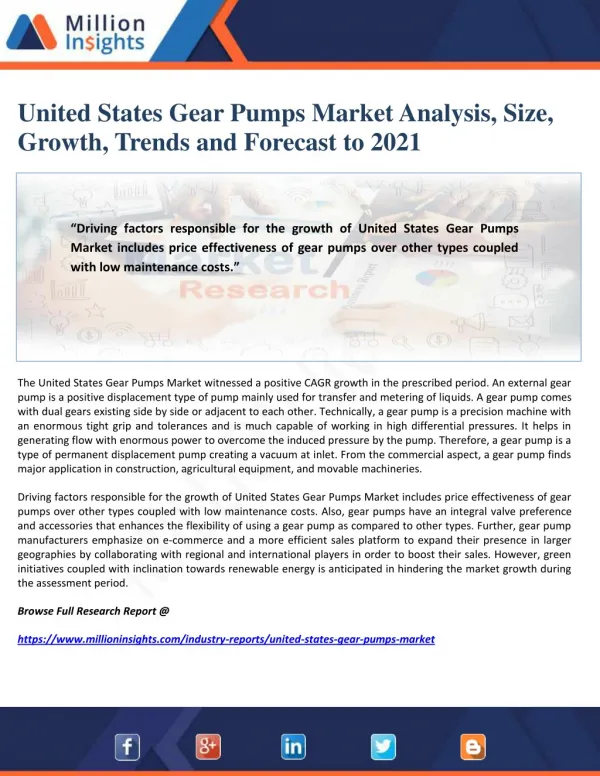 United States Gear Pumps Market Analysis, Size, Growth, Trends and Forecast to 2021