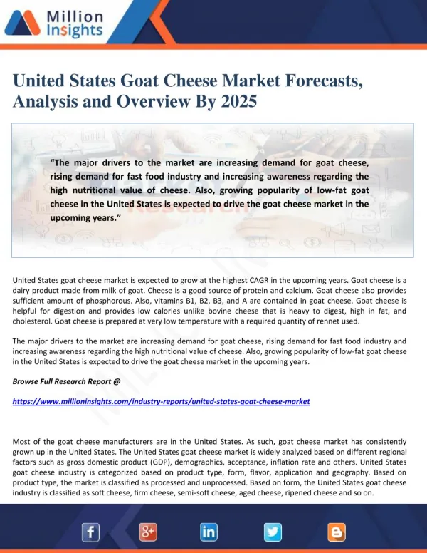 United States Goat Cheese Market Forecasts, Analysis and Overview By 2025