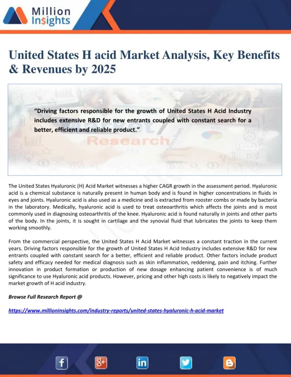 United States H acid Market Analysis, Key Benefits & Revenues by 2025
