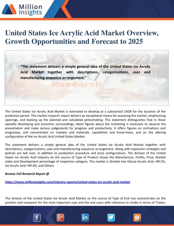 United States Ice Acrylic Acid Market Overview, Growth Opportunities and Forecast to 2025