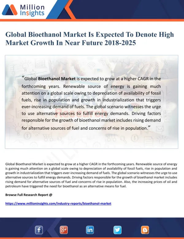 Global Bioethanol Market Is Expected To Denote High Market Growth In Near Future 2018-2025