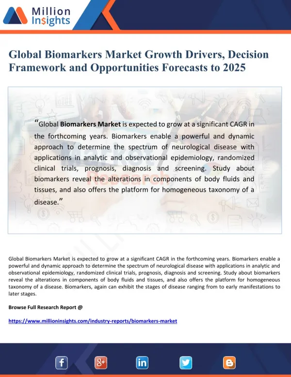 Global Biomarkers Market Growth Drivers, Decision Framework and Opportunities Forecasts to 2025