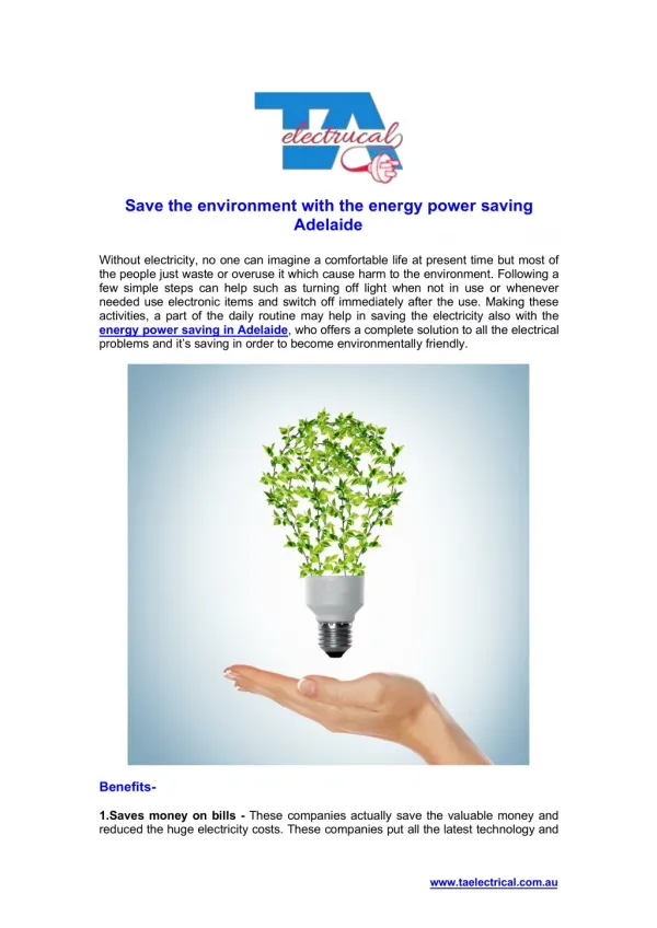 Save the environment with the energy power saving Adelaide