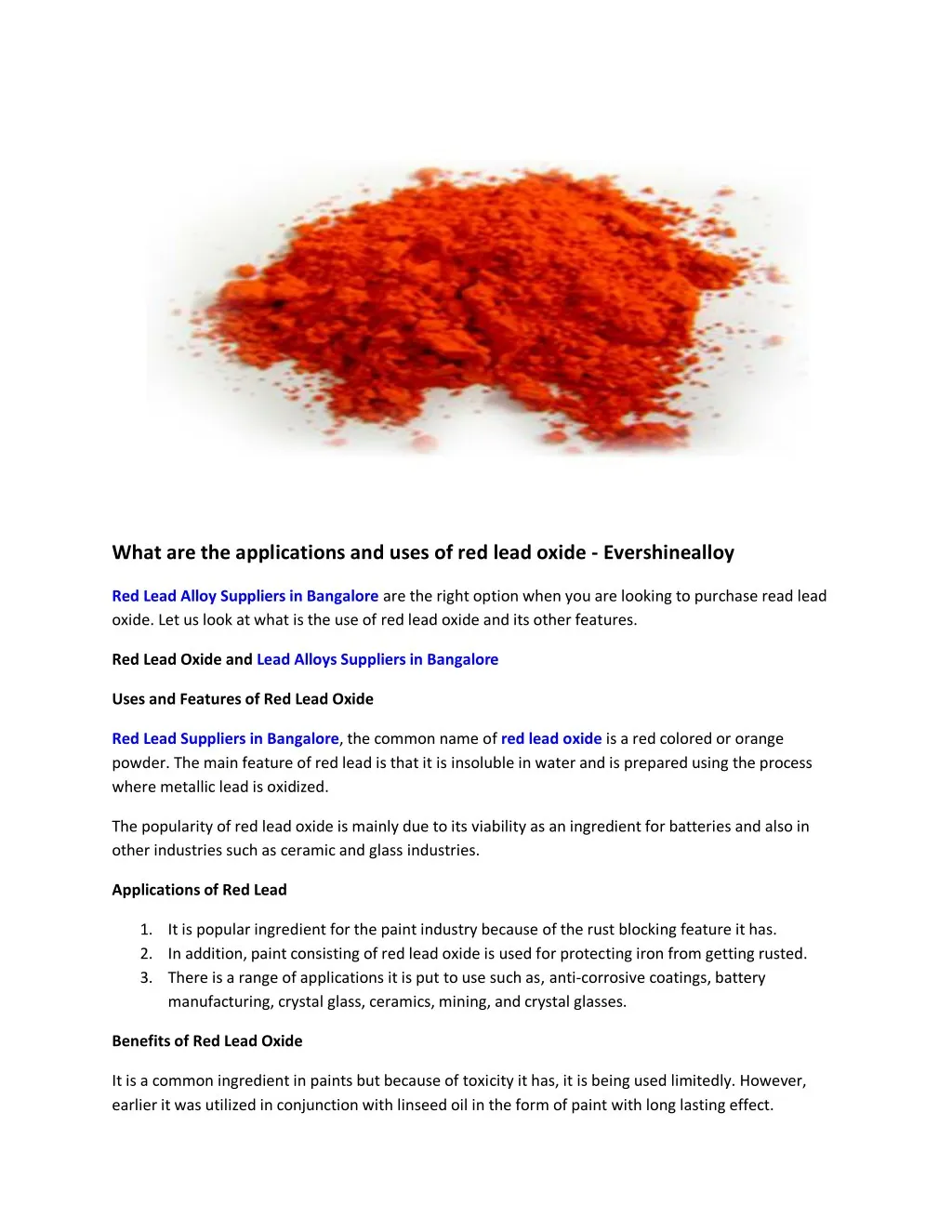 what are the applications and uses of red lead