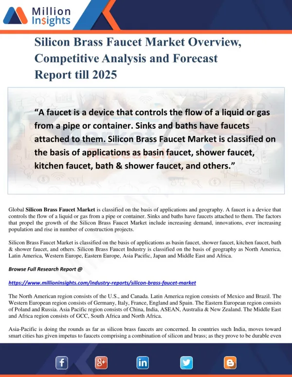 Silicon Brass Faucet Market Overview, Competitive Analysis and Forecast Report till 2025