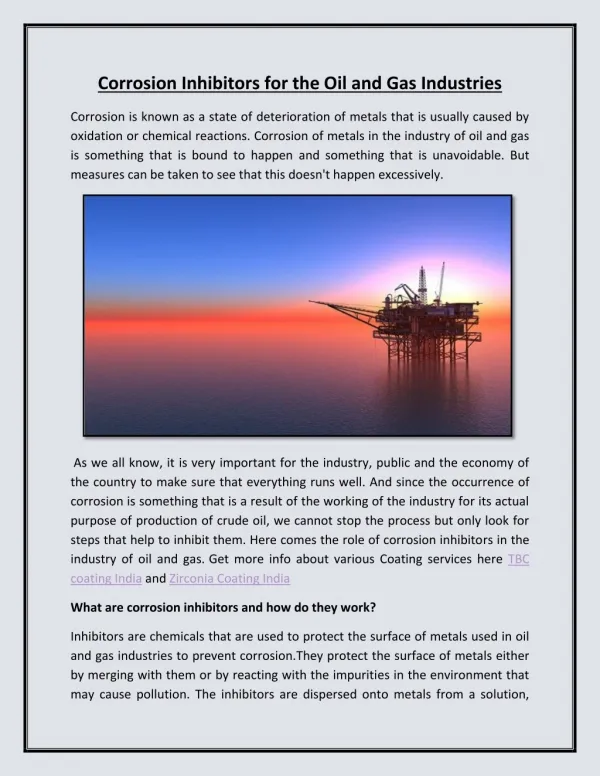 Corrosion Inhibitors for the Oil and Gas Industries