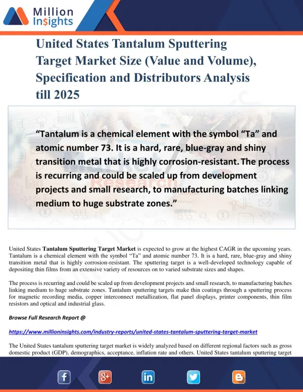United States Tantalum Sputtering Target Market Size (Value and Volume), Specification and Distributors Analysis till 20