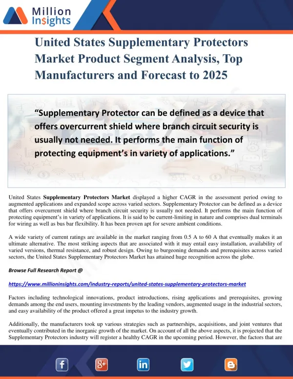 United States Supplementary Protectors Market Product Segment Analysis, Top Manufacturers and Forecast to 2025