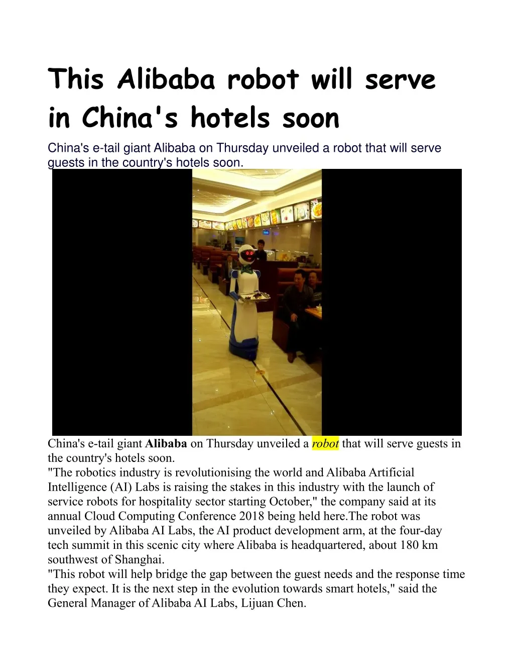 this alibaba robot will serve in china s hotels