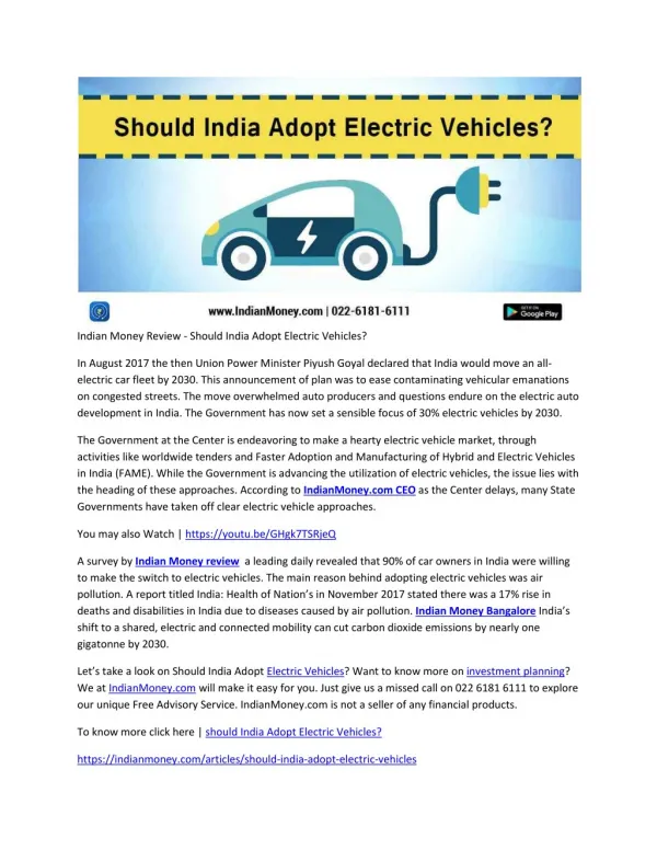 Indian Money Review - Should India Adopt Electric Vehicles?