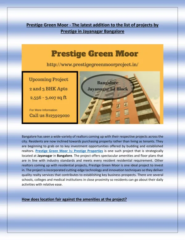Prestige Green Moor - Upcoming Project in Bangalore