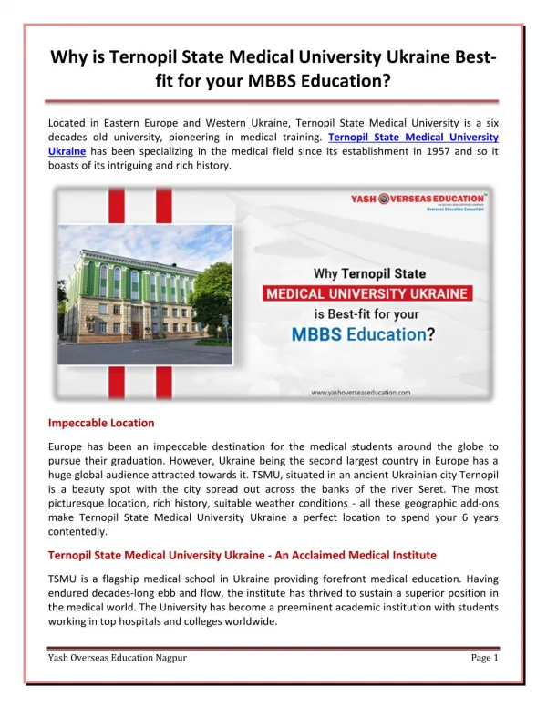 Why is Ternopil State Medical University Ukraine Best-fit for your MBBS Education?
