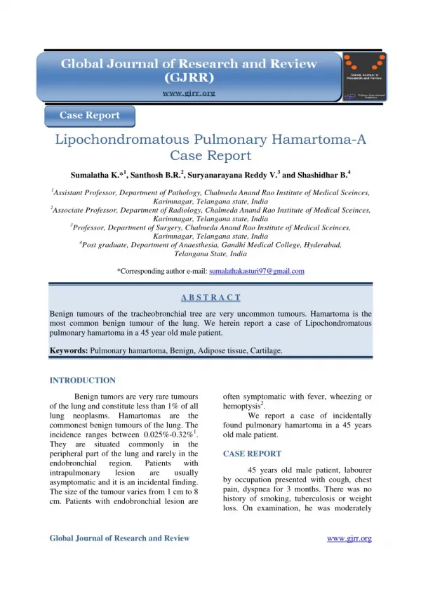 Lipochondromatous Pulmonary Hamartoma-A Case Report