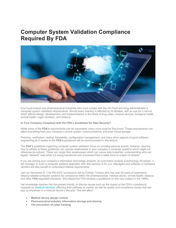 Computer System Validation Compliance Required by FDA