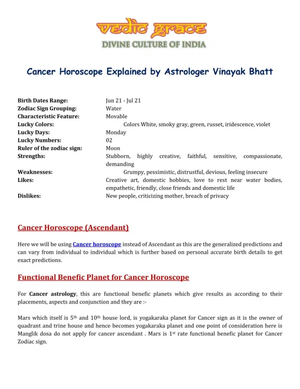 Cancer Horoscope Explained by Astrologer Vinayak Bhatt
