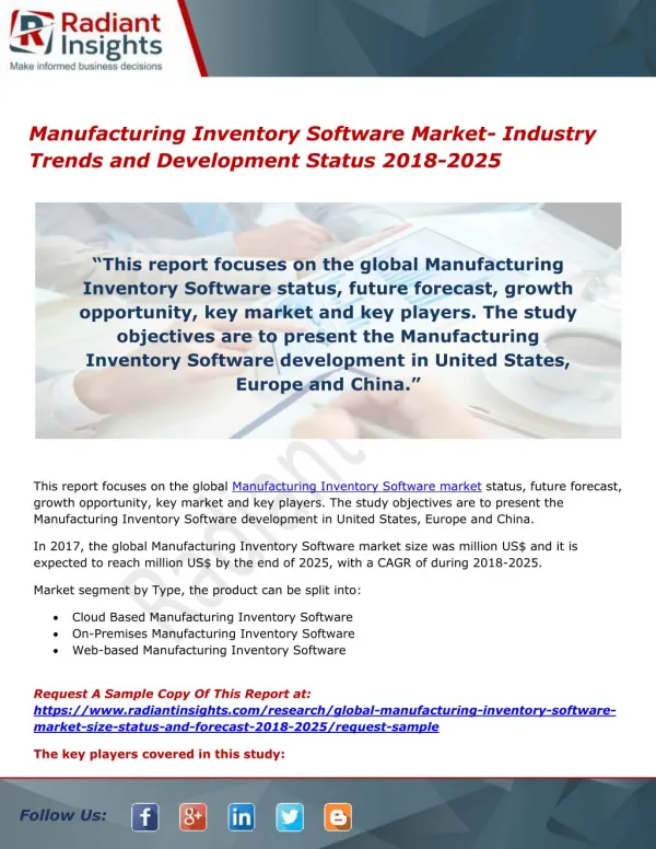 Manufacturing Inventory Software Market- Industry Trends and Development Status 2018-2025