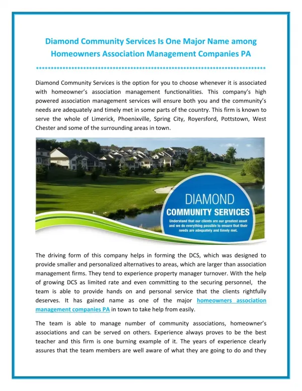 Diamond Community Services Is One Major Name among Homeowners Association Management Companies PA