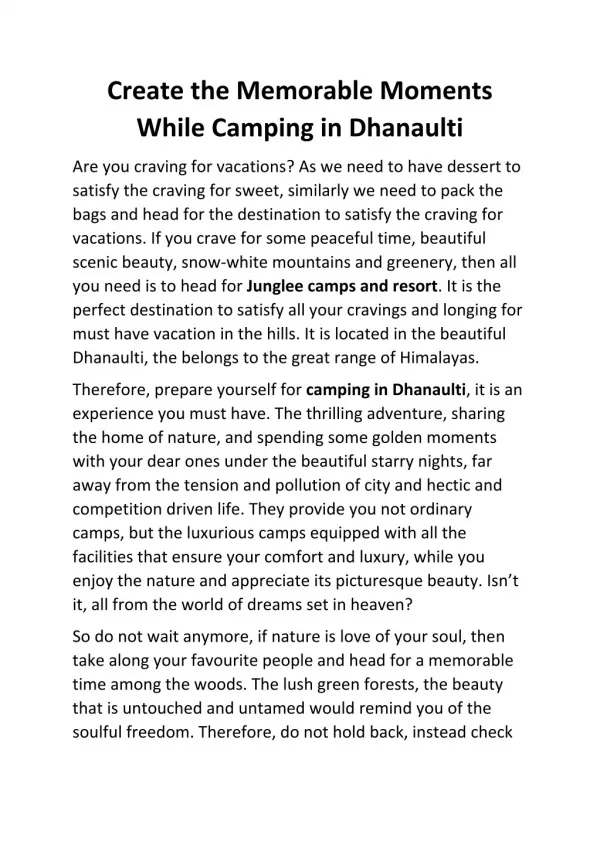 Camping in Dhanaulti | Junglee Resort