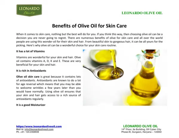 Benefits of Olive Oil for Skin Care