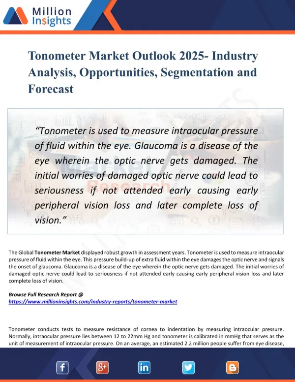 Tonometer Market - Industry Analysis, Size, Share, Growth, Trends, and Forecasts 2025