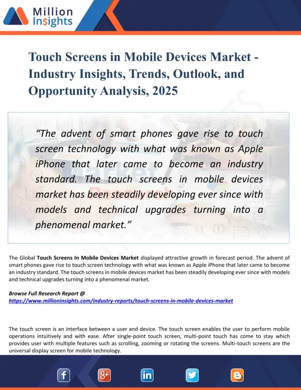 Touch Screens in Mobile Devices Market Analysis, Share and Size, Trends, Industry Growth And Segment Forecasts To 2025