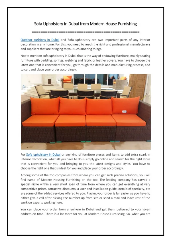 Sofa Upholstery in Dubai from Modern House Furnishing