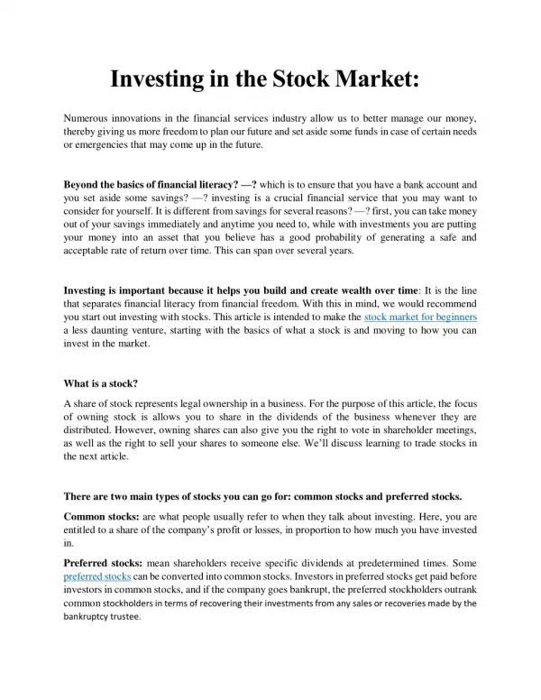 An Article About Investing In Stock Market
