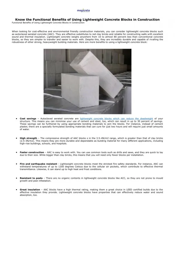 Know the Functional Benefits of Using Lightweight Concrete Blocks in Construction